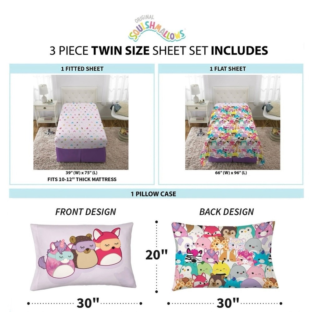 NWOT Squishmallows Twin Size Sheet Set 3 Piece Fitted Flat Pillowcase Bedding‎